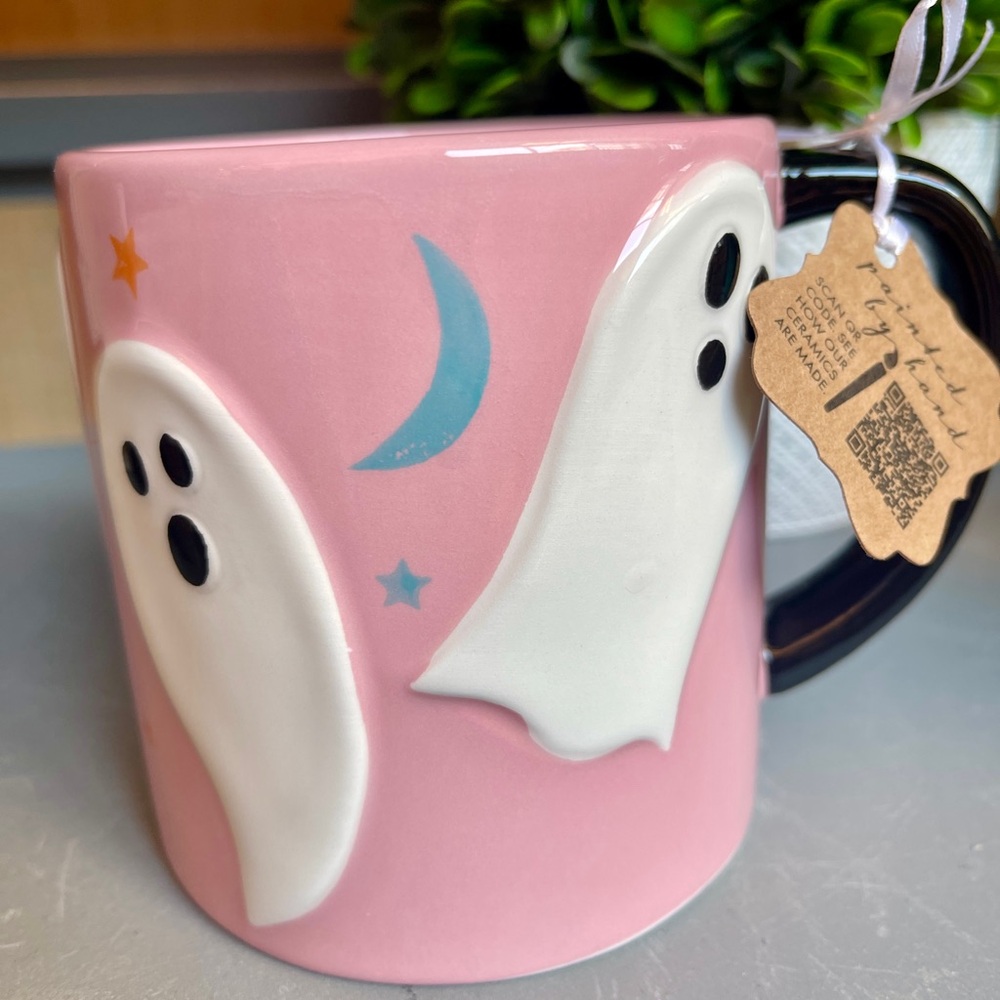 Halloween Pink Ghost HAndpainted Ceramic Coffee mug with Stars & Moons NWT